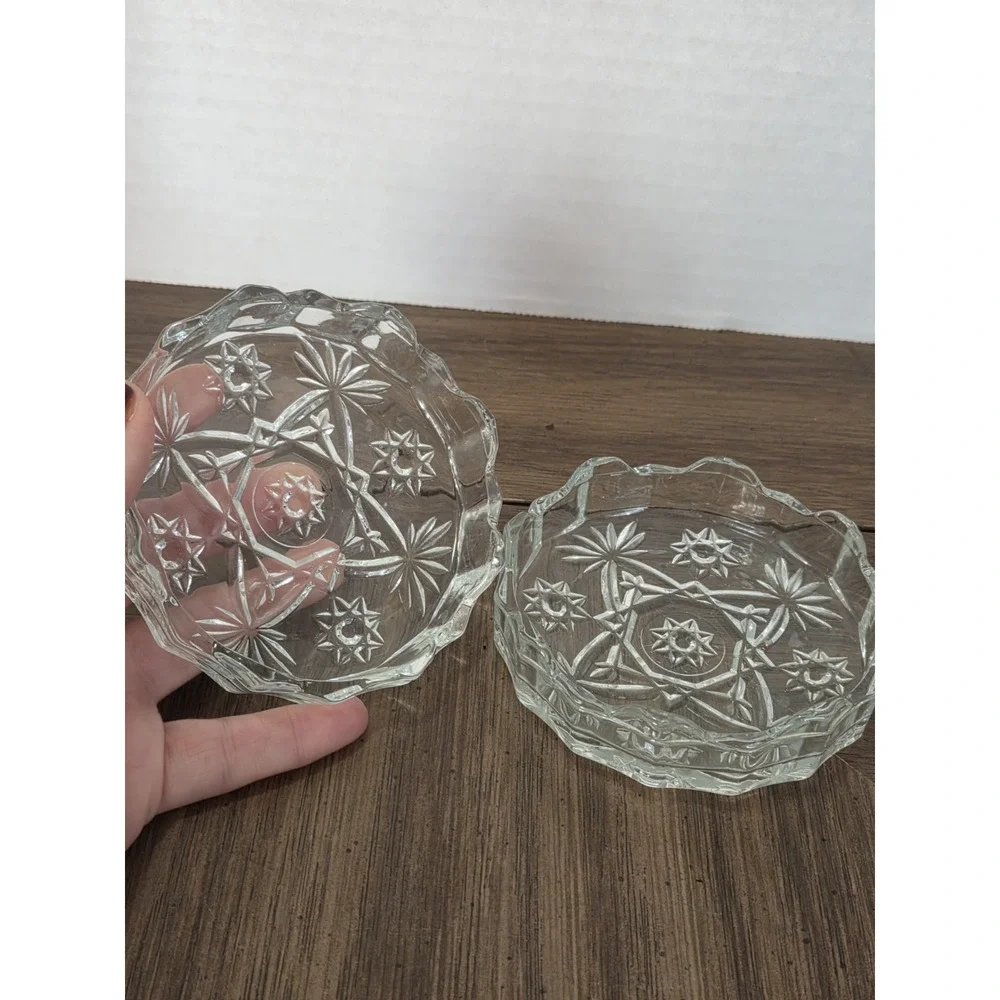 clear pressed glass starburst round trinket box with lid, 4 in, vintage